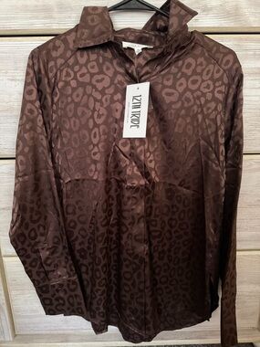 12th Tribe Chocolate Leopard Satin Blouse